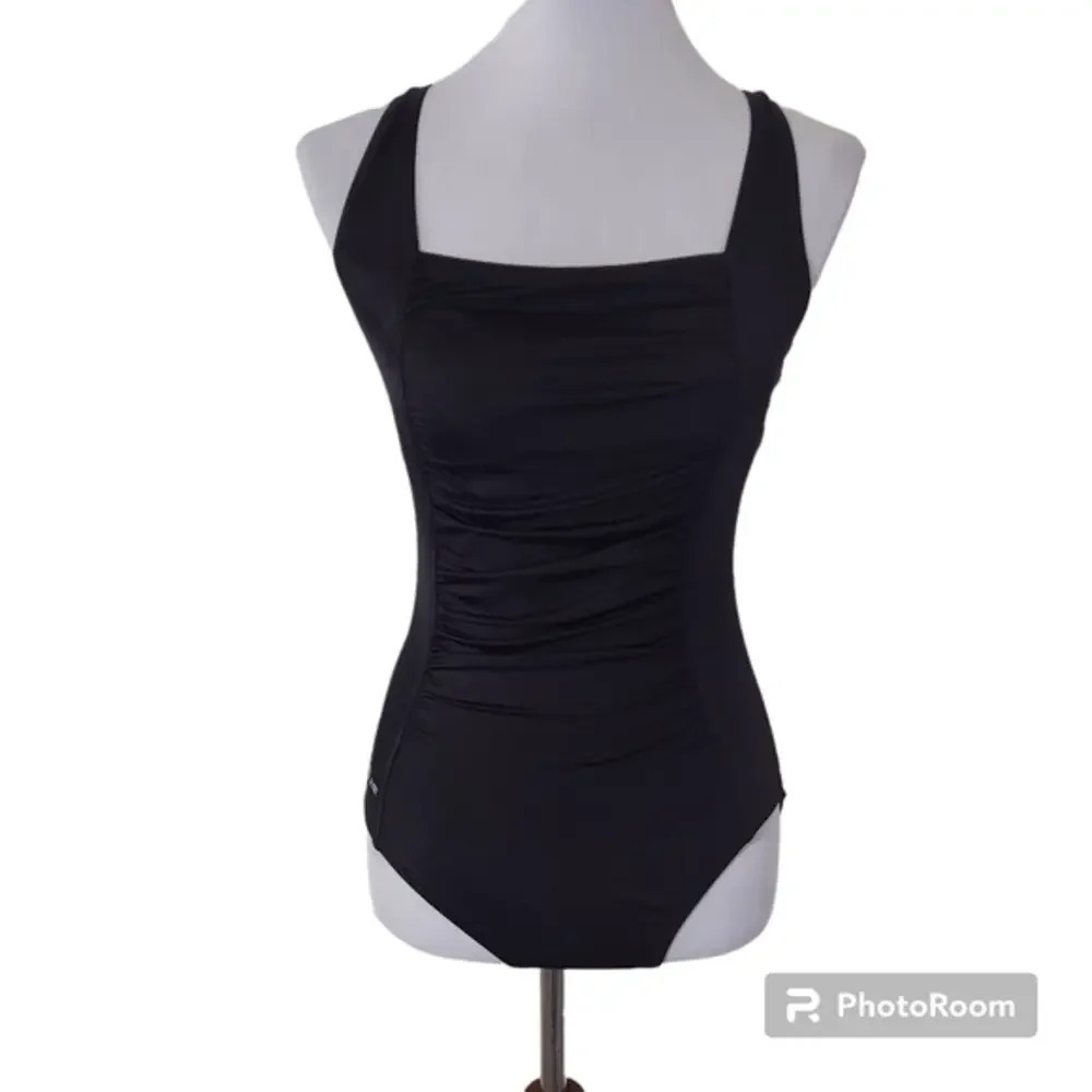 Black Speedo Ruched Center Panel Criss Cross Back One Piece Swimsuit